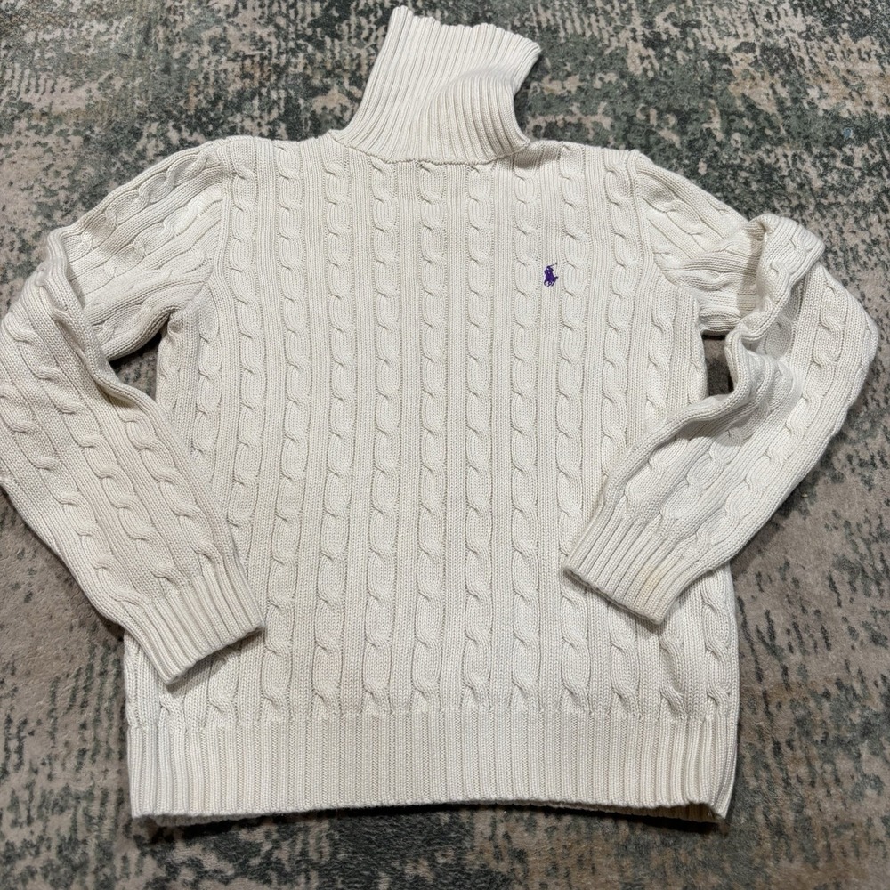 Vintage Ralph Lauren Sport Cable Knit Turtleneck Sweater Cream White Size Small